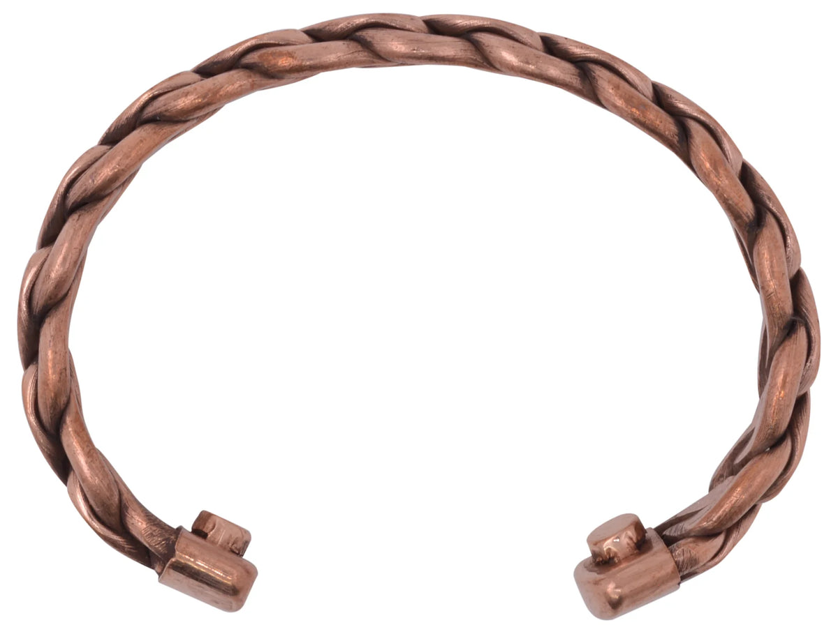 Copper magnetic bracelet with open ends and twisted braid texture — solid copper healing cuff displayed flat.