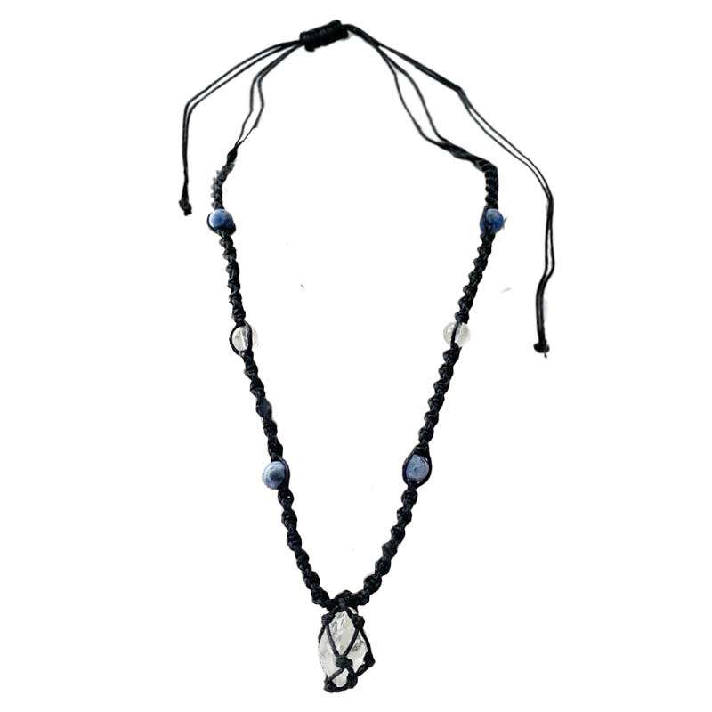 Handmade cord necklace with a central clear and blue sodalite pendant surrounded by beads on a black adjustable cord.