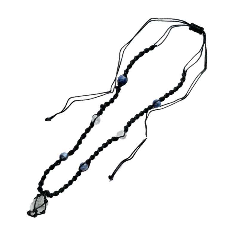 Braided black cord necklace featuring varied colored beads and a central crystal pendant with adjustable tie closure.
