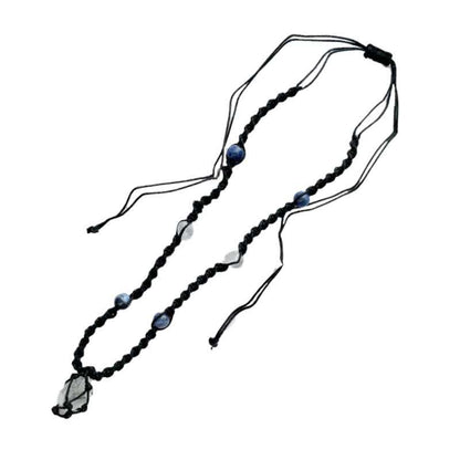Braided black cord necklace featuring varied colored beads and a central crystal pendant with adjustable tie closure.
