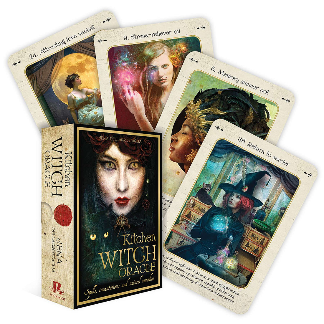 Kitchen Witch Oracle deck by Jena Dellagrottaglia showing illustrated cards with herbs, cauldrons, and hearth magic themes