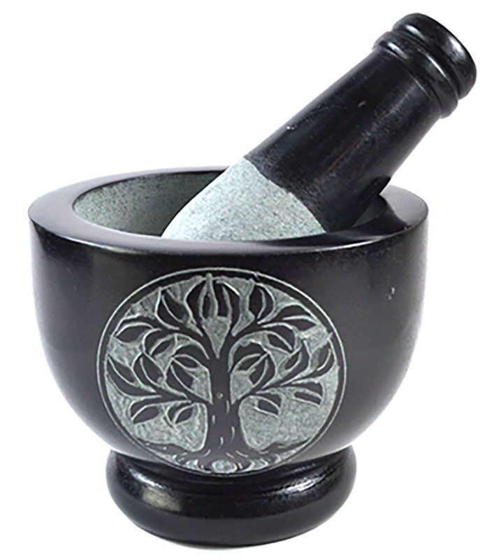Black soapstone 4-inch mortar and pestle set with an engraved Tree of Life design on the bowl exterior — sacred symbol herb grinding set.