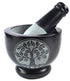 Black soapstone 4-inch mortar and pestle set with an engraved Tree of Life design on the bowl exterior — sacred symbol herb grinding set.