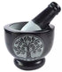 Black soapstone 4-inch mortar and pestle set with an engraved Tree of Life design on the bowl exterior — sacred symbol herb grinding set.