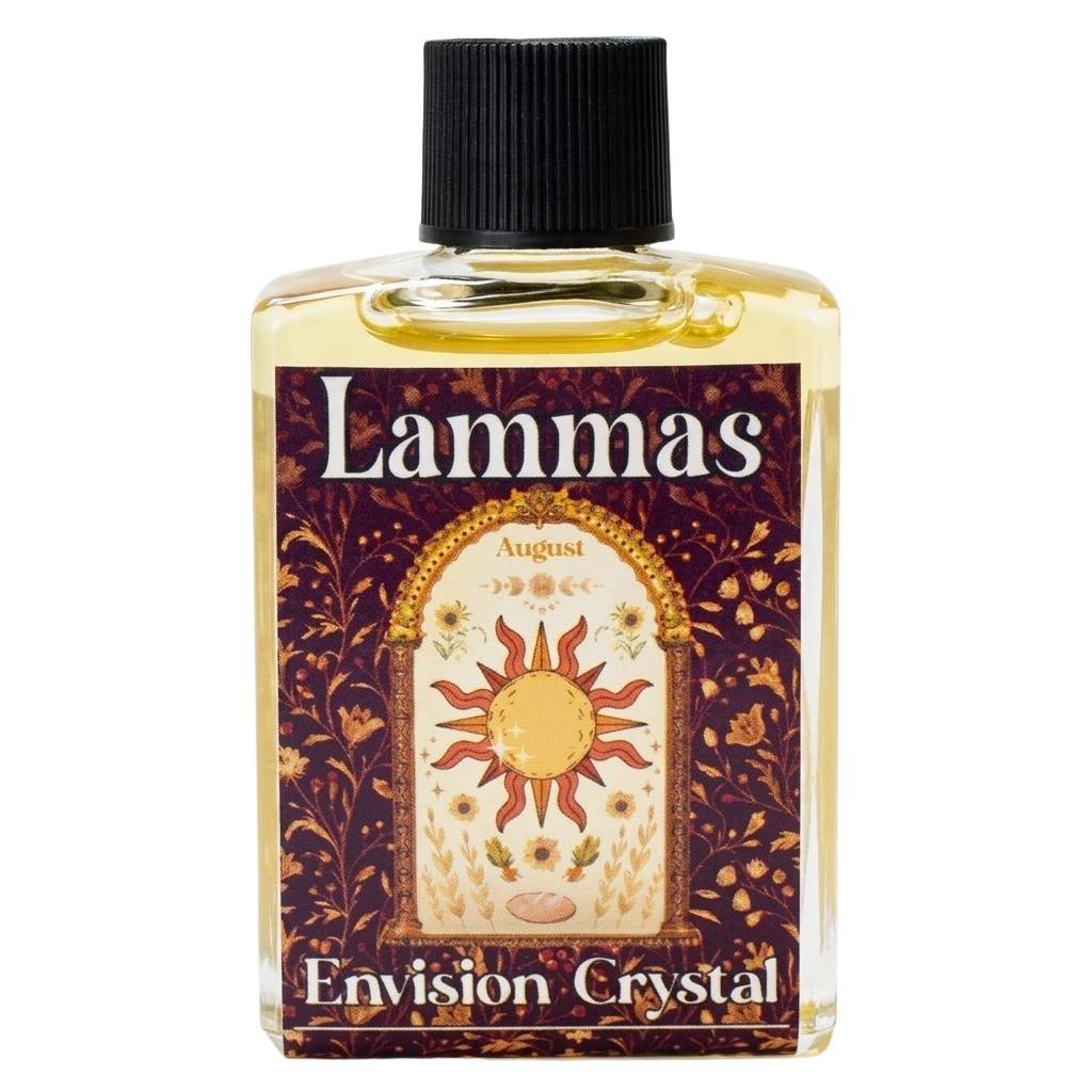 Lammas 4 dram anointing oil bottle from Envision Crystal — warm sun and floral label, black cap, golden oil inside. Used for first harvest sabbat candle anointing, ritual, and personal wear.