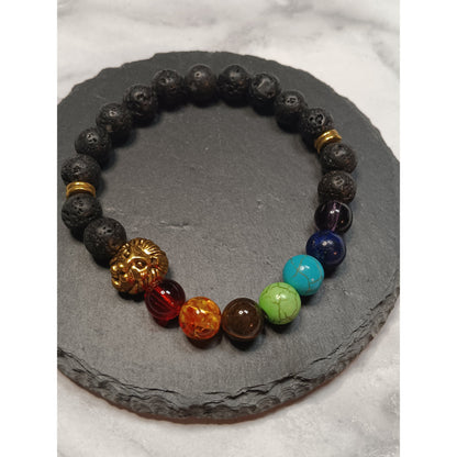 Lava &amp; Glass Beads Chakra Bracelet with Gold-Tone Lion Charm – 8mm Stretch Aromatherapy
