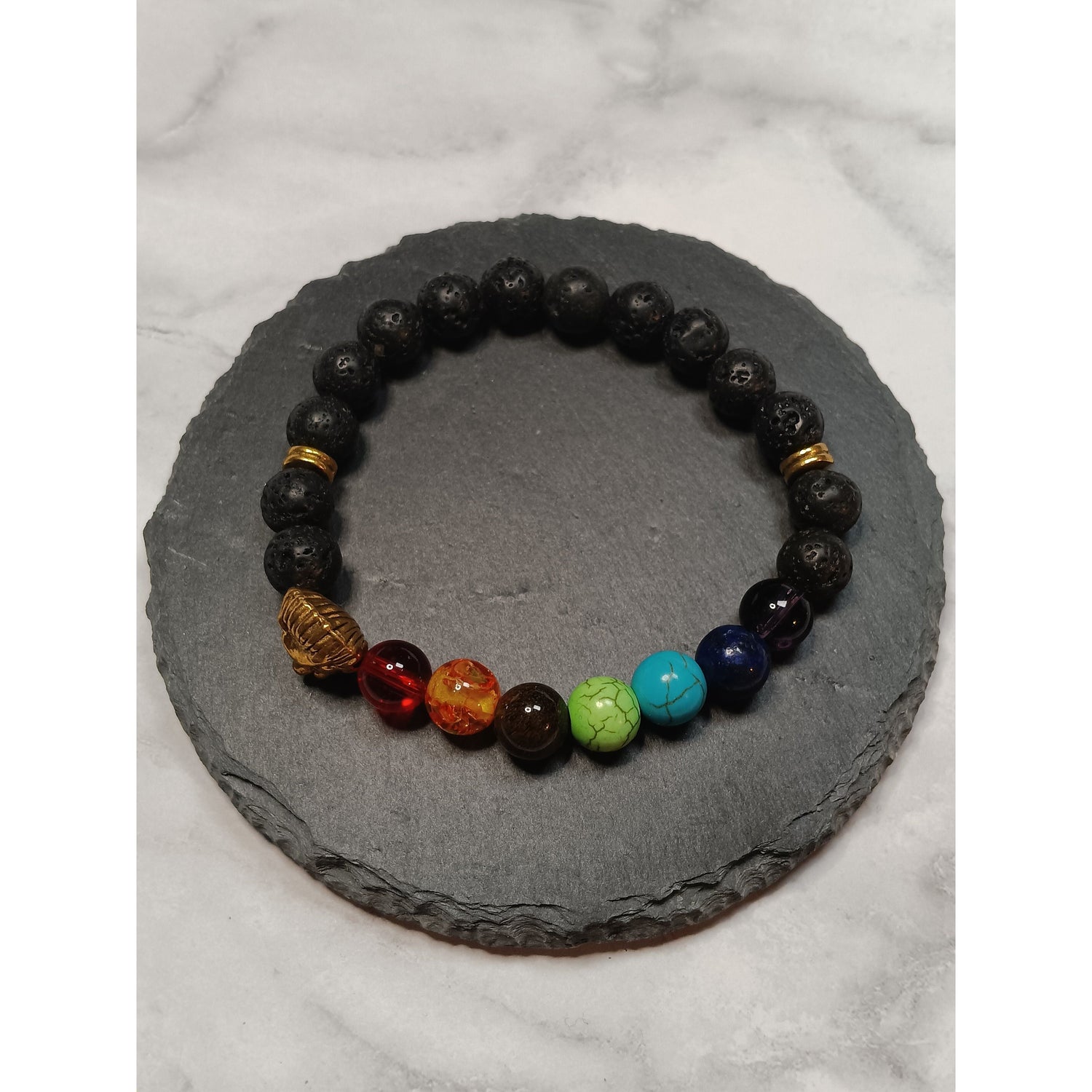 Lava &amp; Glass Beads Chakra Bracelet with Gold-Tone Lion Charm – 8mm Stretch Aromatherapy