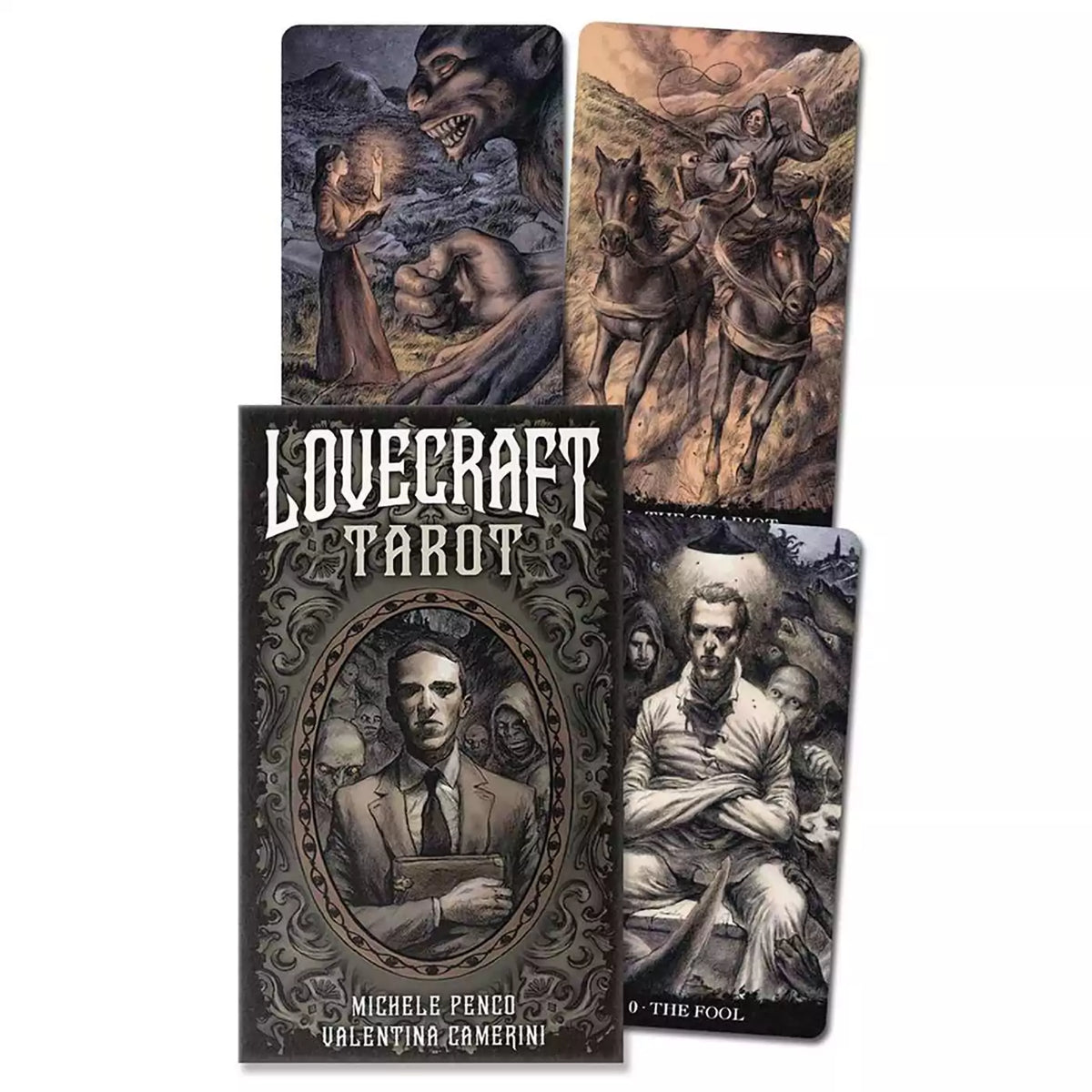 Lovecraft Tarot box with an oval portrait of a man in a suit holding a book among hooded figures, beside The Chariot, The Fool and a woman facing a monstrous face