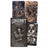 Lovecraft Tarot box with an oval portrait of a man in a suit holding a book among hooded figures, beside The Chariot, The Fool and a woman facing a monstrous face