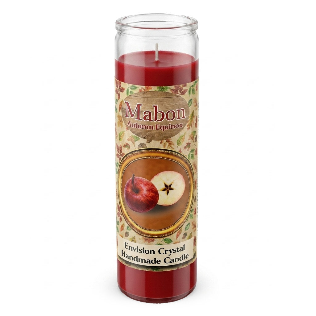 Red Mabon aromatic jar candle by Envision Crystal, with a label featuring apples and a star, designed for autumnal equinox rituals — handmade sabbat candle with all-natural herbs and scent.