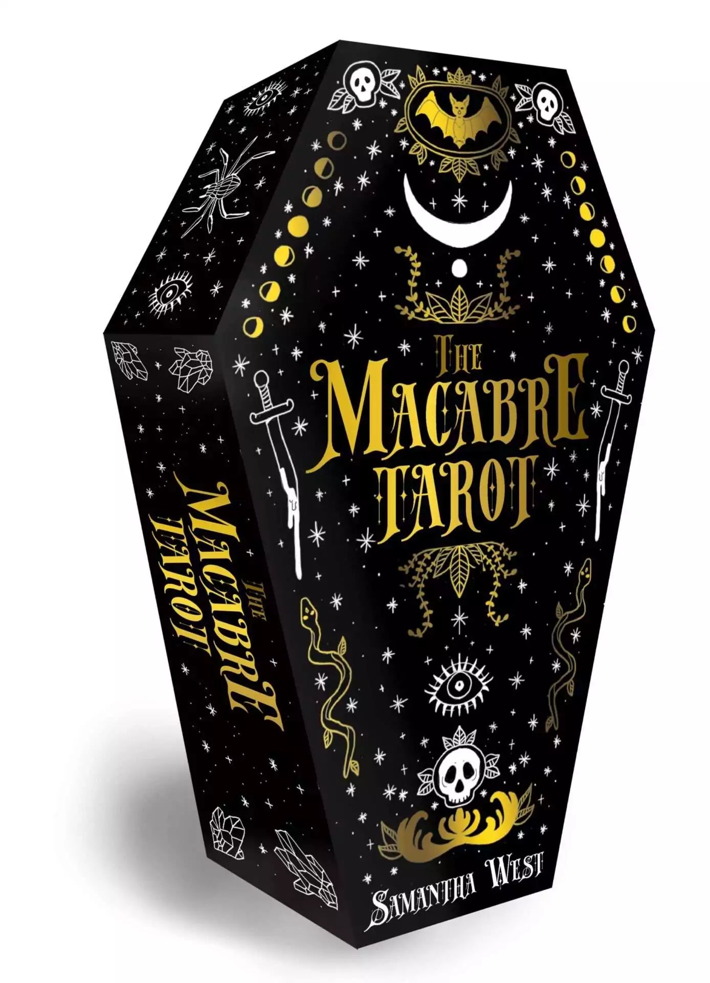 Macabre Tarot coffin-shaped box back featuring bold gothic title lettering with skull and snake motifs on a black background.