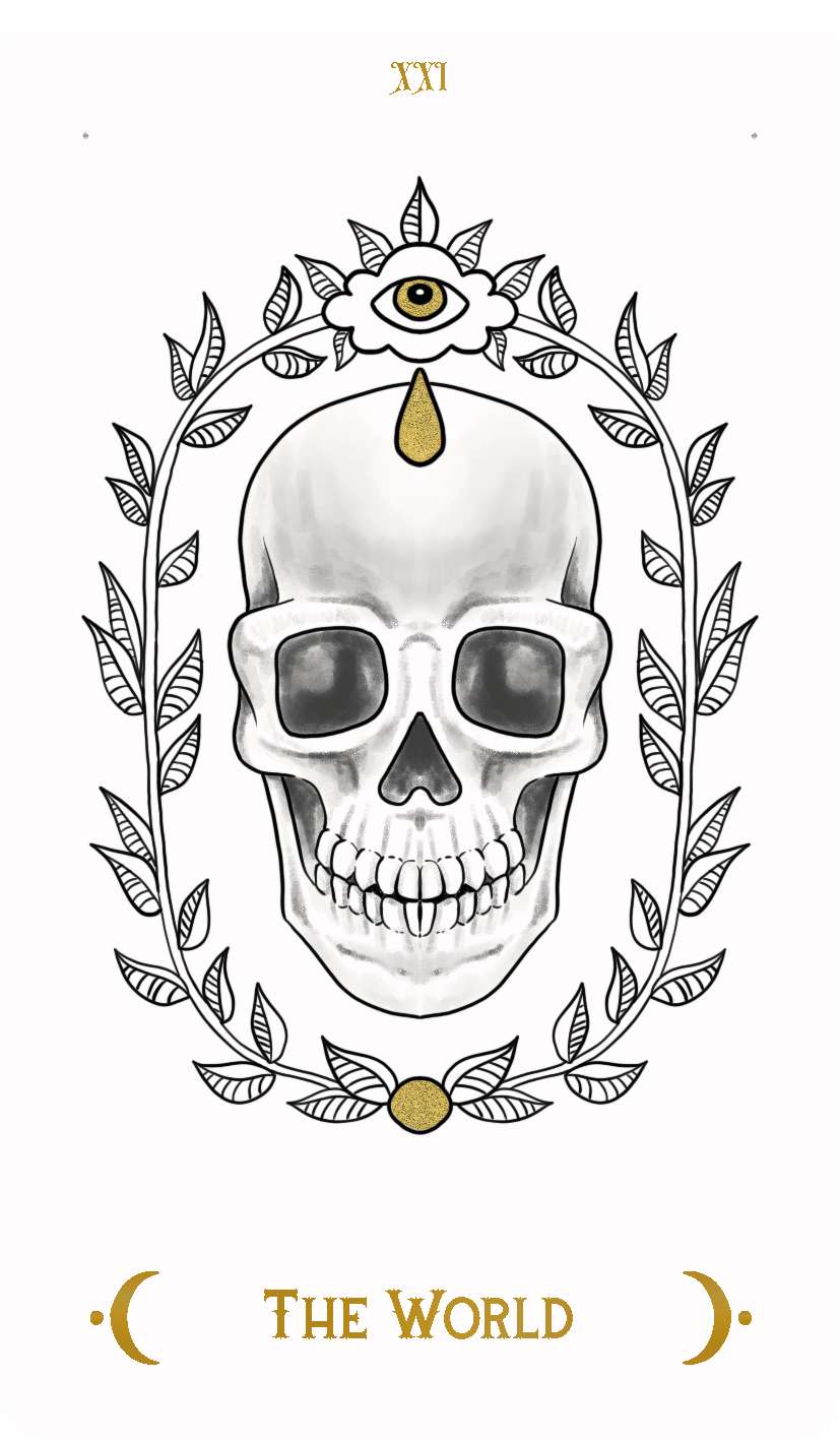 Macabre Tarot The World card showing a skull framed by decorative leaves and a flower with an eye above, symbolizing completion and enlightenment.