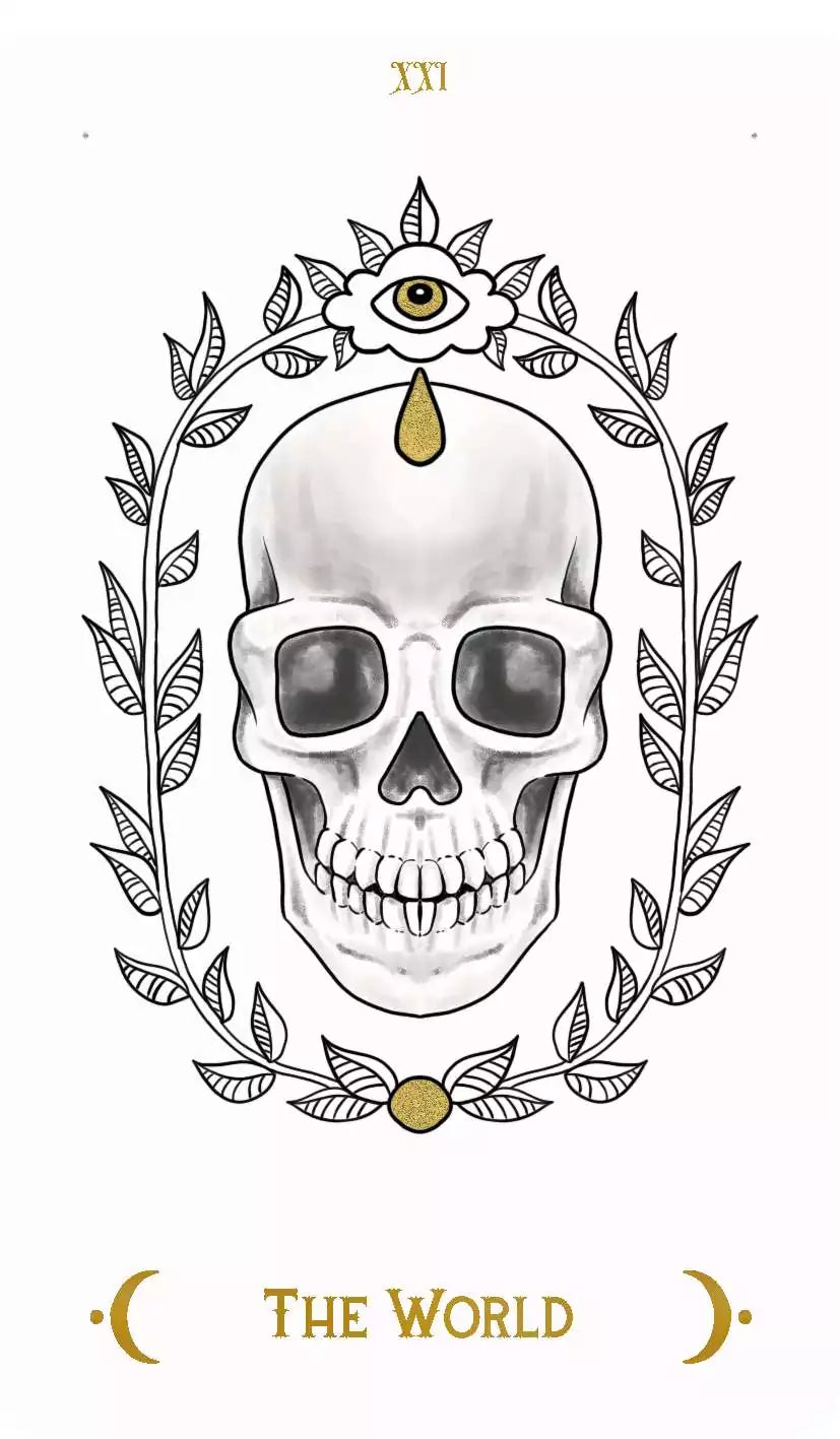 Macabre Tarot The World card showing a skull framed by decorative leaves and a flower with an eye above, symbolizing completion and enlightenment.