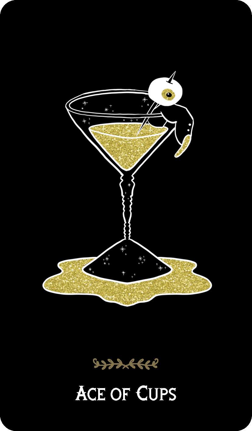 Macabre Tarot card featuring a stylized golden cocktail glass illustration with a playful hand and golden liquid drops in minimal graphic style.