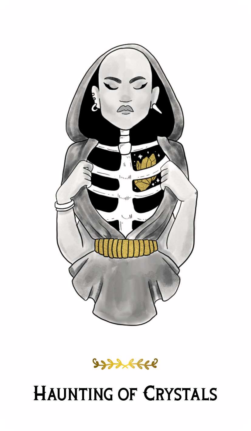 Macabre Tarot card depicting a skeletal-torso figure in a hooded cloak holding a crystal, rendered in monochromatic style with gold accents.