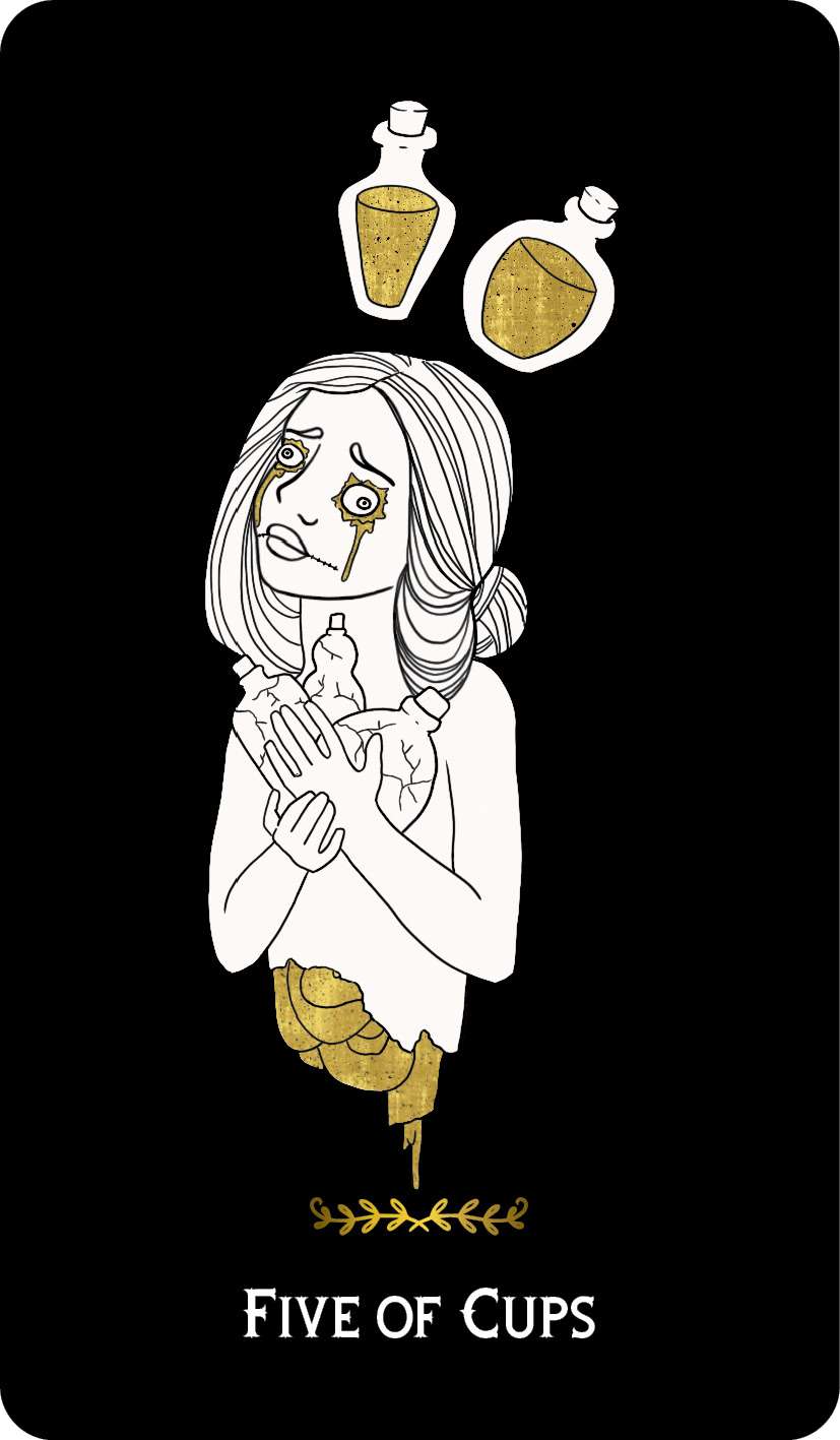 Macabre Tarot Five of Cups card depicting a distressed woman clutching three cups with two floating above, dark background with emotional imagery.