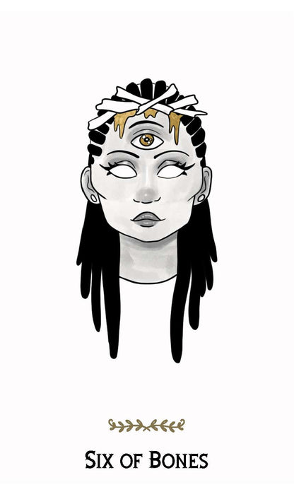 Macabre Tarot Six of Bones card showing a stylized person with a third eye and decorative bone hair accessories in mystical minimalist style.