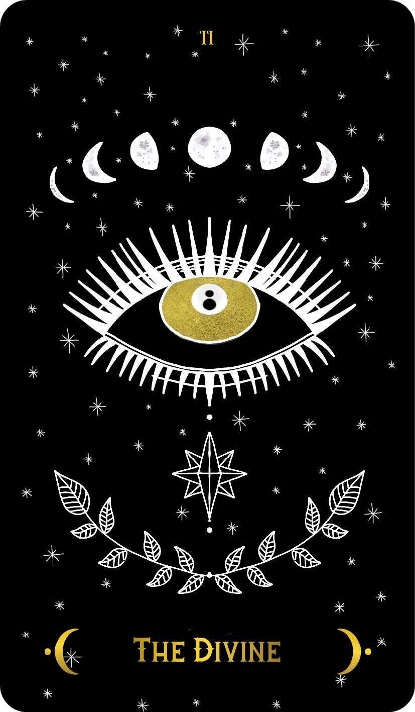 Macabre Tarot The Divine card featuring a central eye surrounded by moon phases and star motifs against a stark black background.