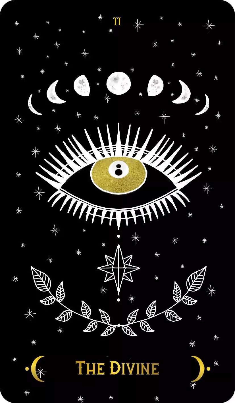 Macabre Tarot The Divine card featuring a central eye surrounded by moon phases and star motifs against a stark black background.