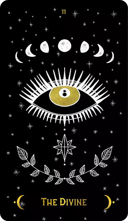 Macabre Tarot The Divine card featuring a central eye surrounded by moon phases and star motifs against a stark black background.