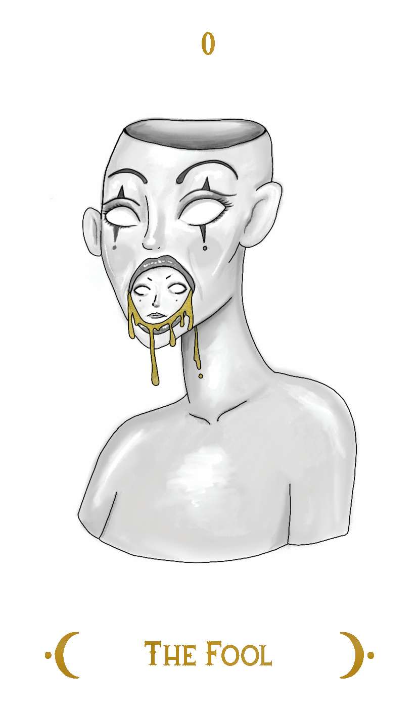 Macabre Tarot card featuring a surreal faceless figure with a small crying face emerging from its mouth on a minimal monochromatic background.
