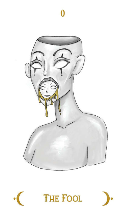 Macabre Tarot card featuring a surreal faceless figure with a small crying face emerging from its mouth on a minimal monochromatic background.