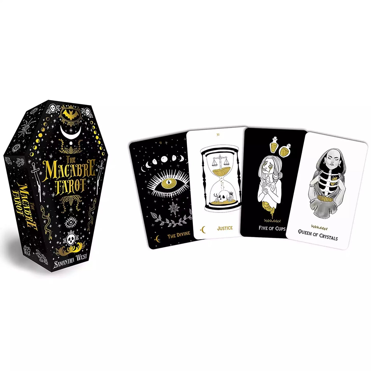 Macabre Tarot coffin-shaped box with black and white illustrated cards spread around it showing gothic skull and mystical character designs.