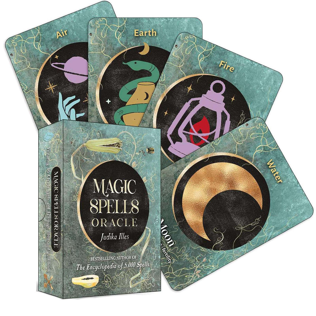 Magic Spells Oracle deck box by Judika Illes showing colorful folk magic cover art with bold illustrated design and title text