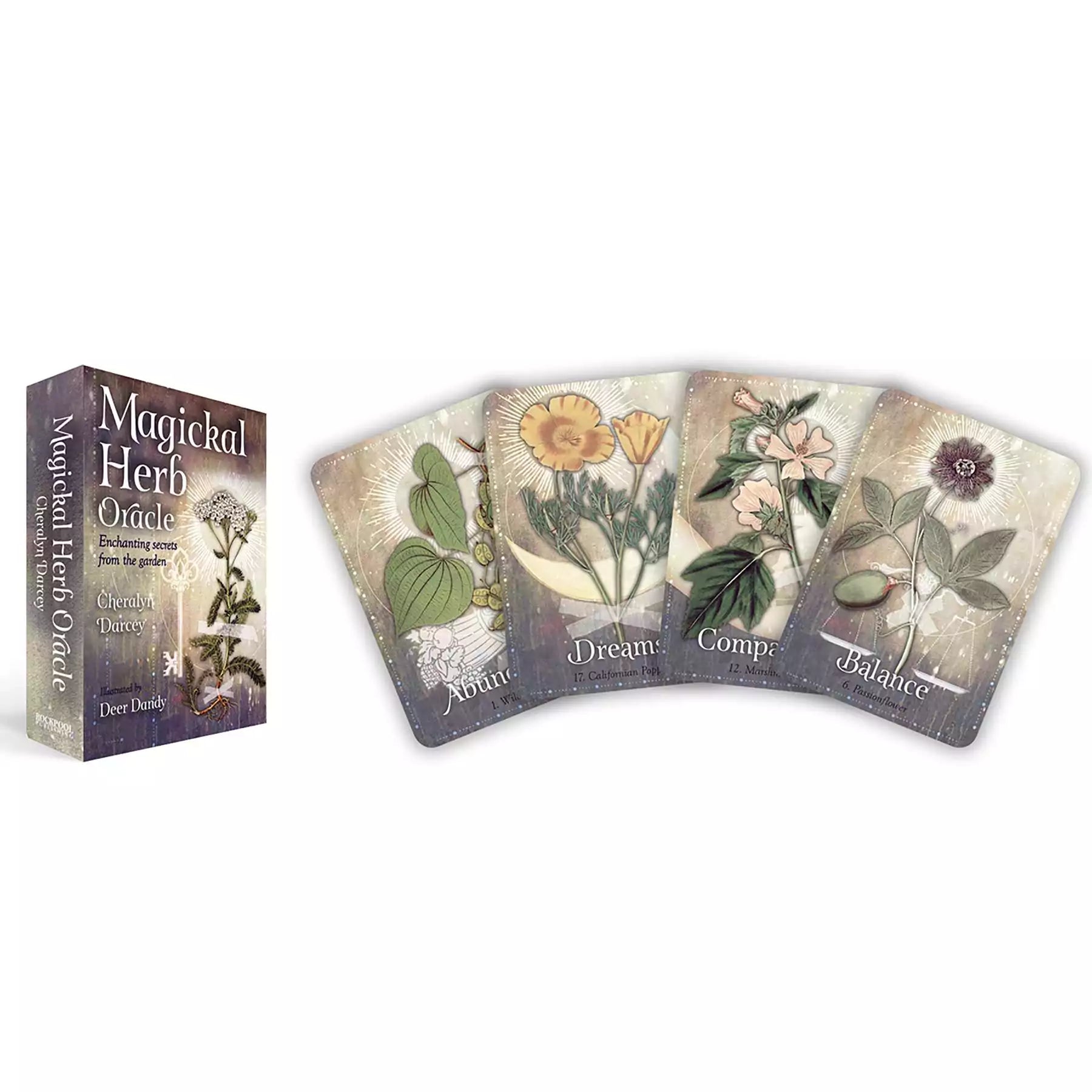 Magickal Herb Oracle card box alongside four illustrated plant cards showing botanical herb artwork, Cheralyn Darcey 36-card botanical oracle deck.
