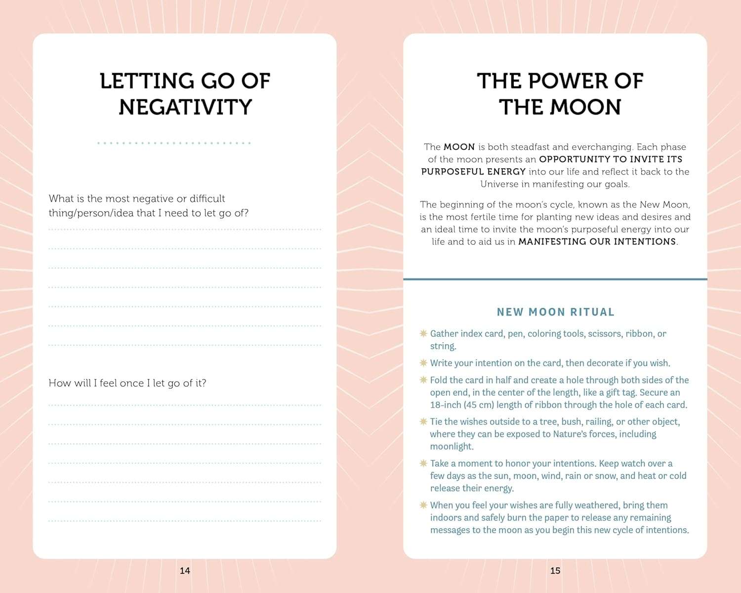 Manifestation Cards guidebook two-page spread featuring sections on Letting Go of Negativity — journaling prompts for intention-setting practice.