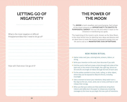 Manifestation Cards guidebook two-page spread featuring sections on Letting Go of Negativity — journaling prompts for intention-setting practice.