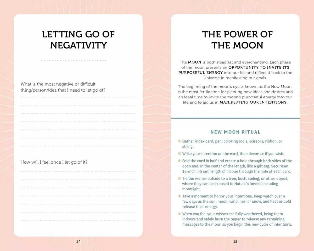 Manifestation Cards guidebook two-page spread featuring sections on Letting Go of Negativity — journaling prompts for intention-setting practice.