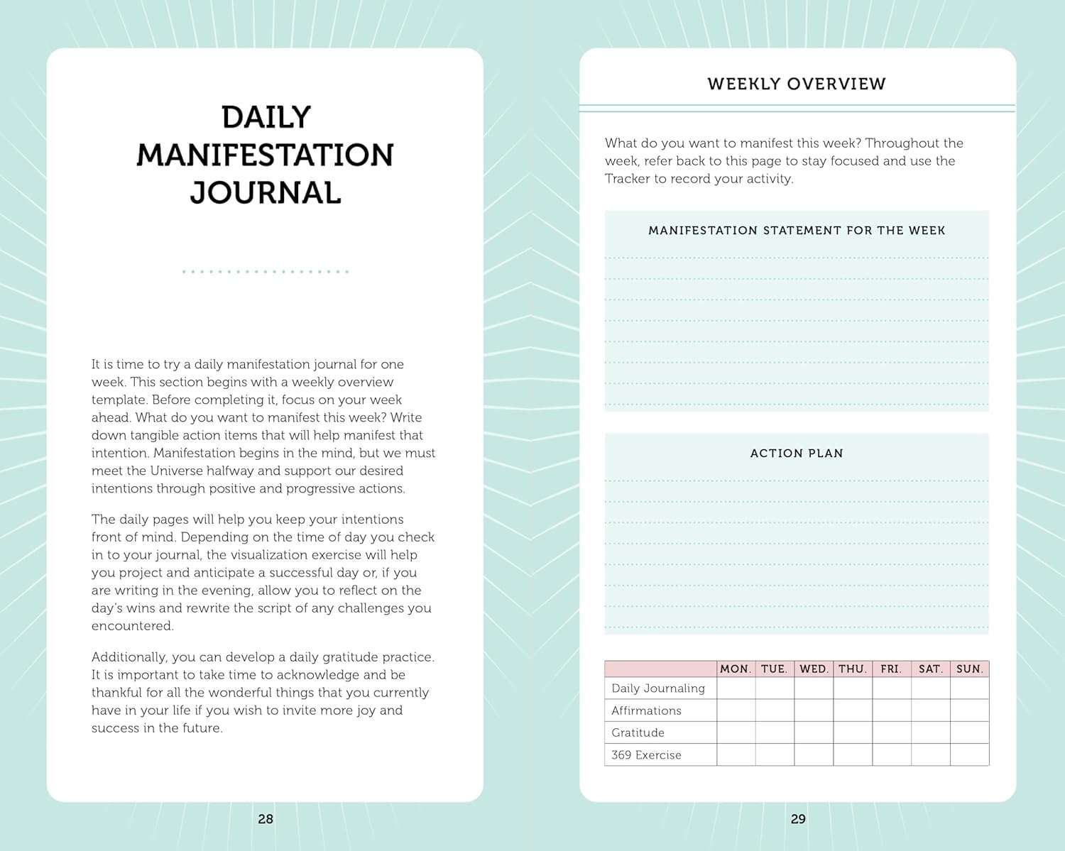 Manifestation Cards guided journal layout with daily practice sections for recording intentions, goals, and manifestation progress.