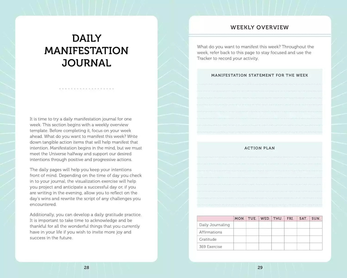 Manifestation Cards guided journal layout with daily practice sections for recording intentions, goals, and manifestation progress.