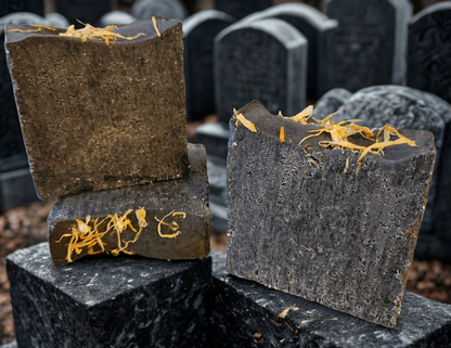 Cleansing collection - Three activated charcoal salt soap bars with yellow calendula petals on top.
