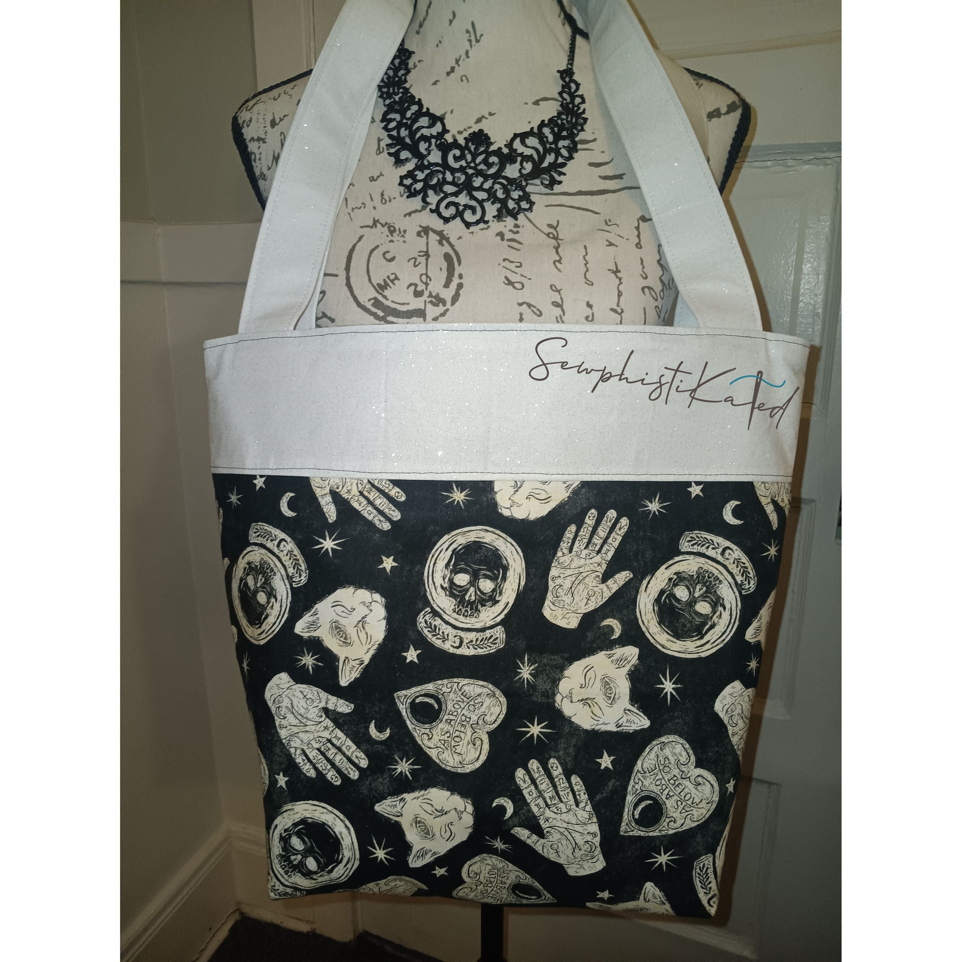 Midnight Divination Tote Bag – Handmade Witchy Bag with Multiple Pockets &amp; Mystic Print