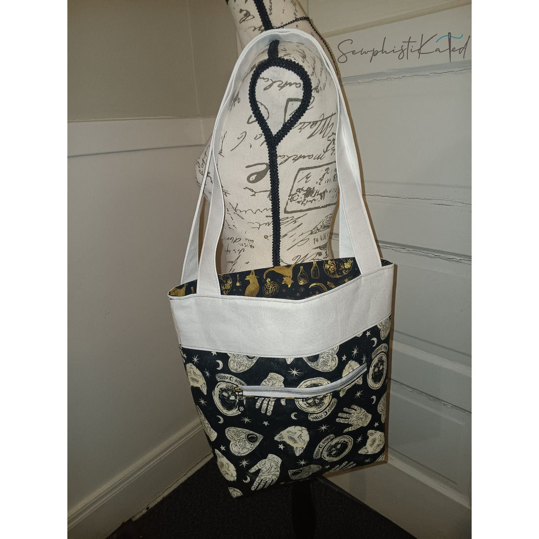 Midnight Divination Tote Bag – Handmade Witchy Bag with Multiple Pockets &amp; Mystic Print