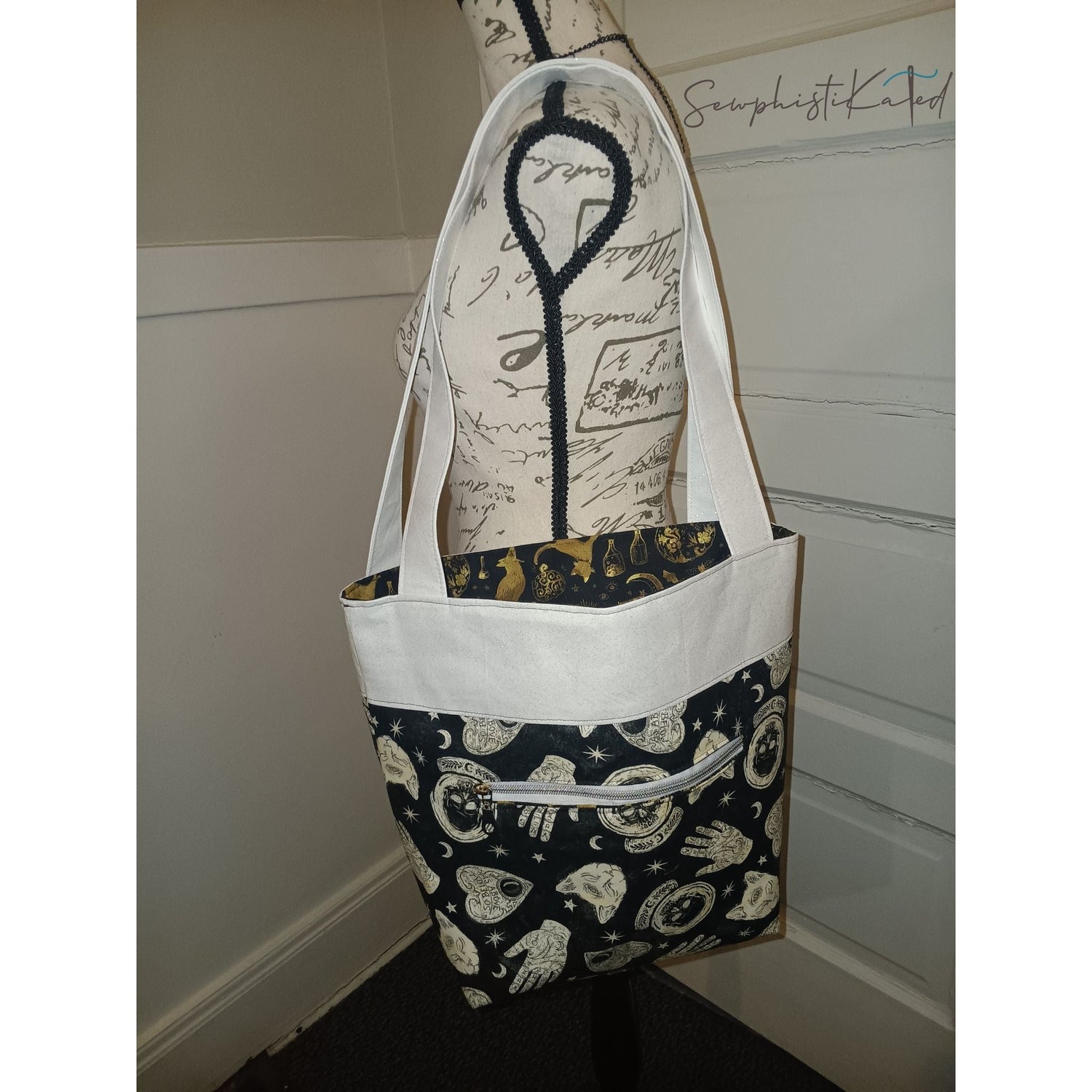 Midnight Divination Tote Bag – Handmade Witchy Bag with Multiple Pockets &amp; Mystic Print