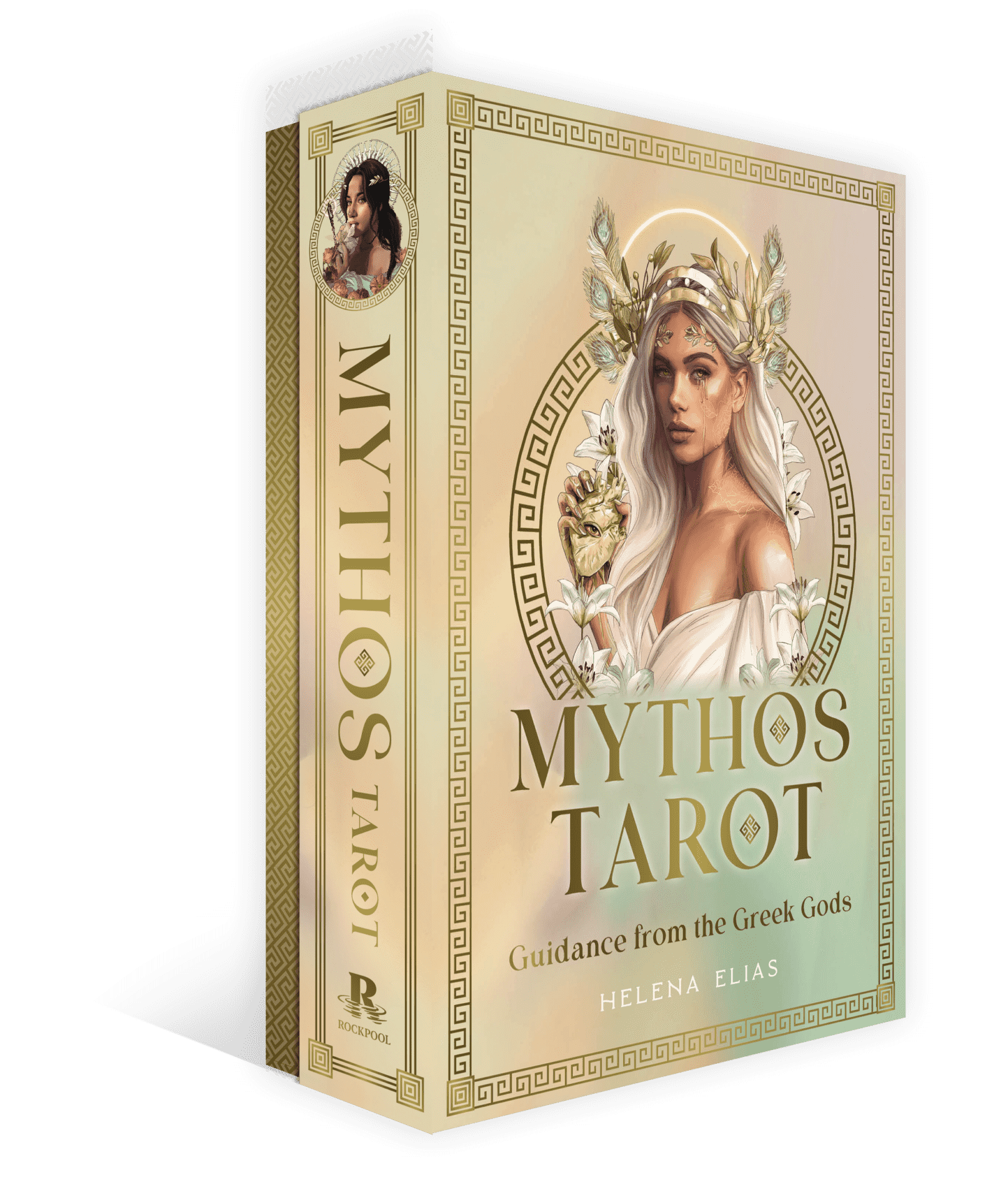 Mythos Tarot box cover with title and subtitle Guidance from the Greek Gods, decorated with a woman among flowers and classical symbols.