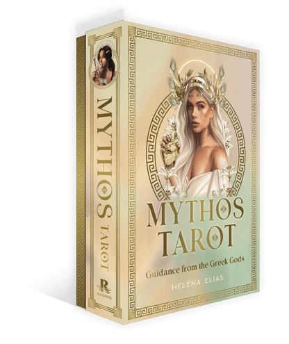 Mythos Tarot box cover with title and subtitle Guidance from the Greek Gods, decorated with a woman among flowers and classical symbols.