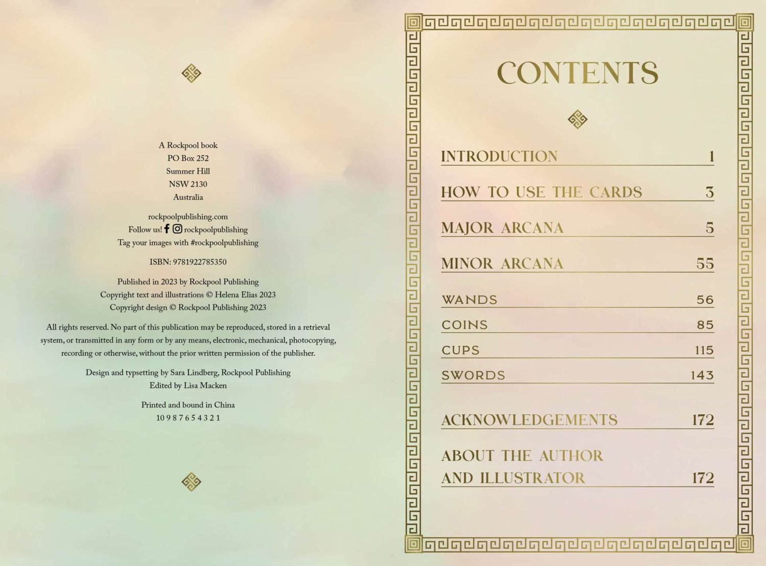 Mythos Tarot guidebook table of contents page listing Introduction, How to Use the Cards, and themed sections on a soft pastel background.