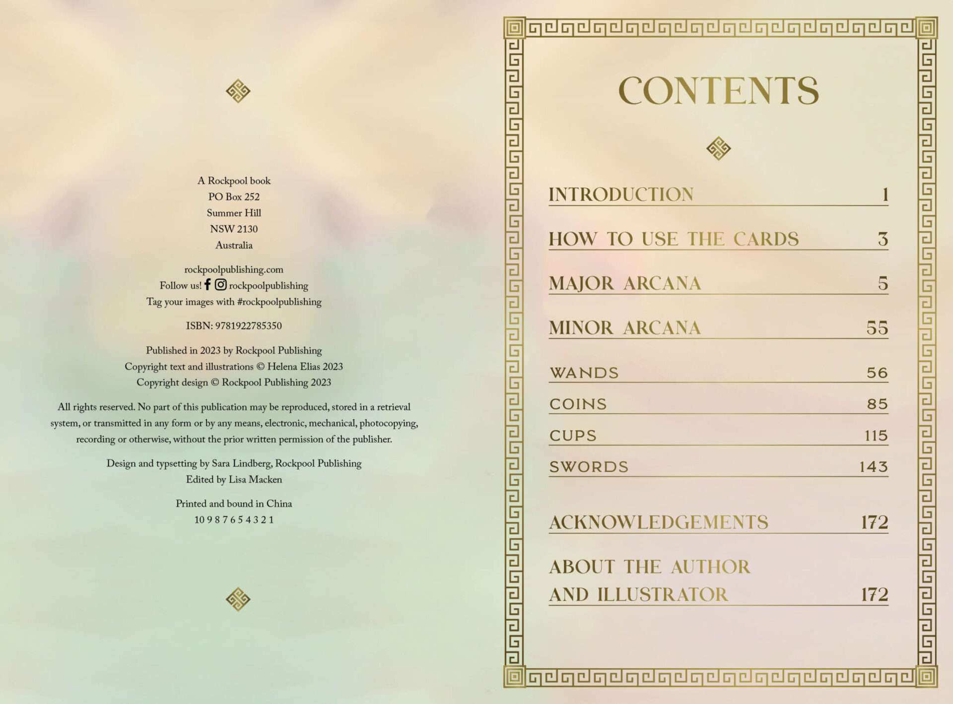 Mythos Tarot guidebook table of contents page listing Introduction, How to Use the Cards, and themed sections on a soft pastel background.