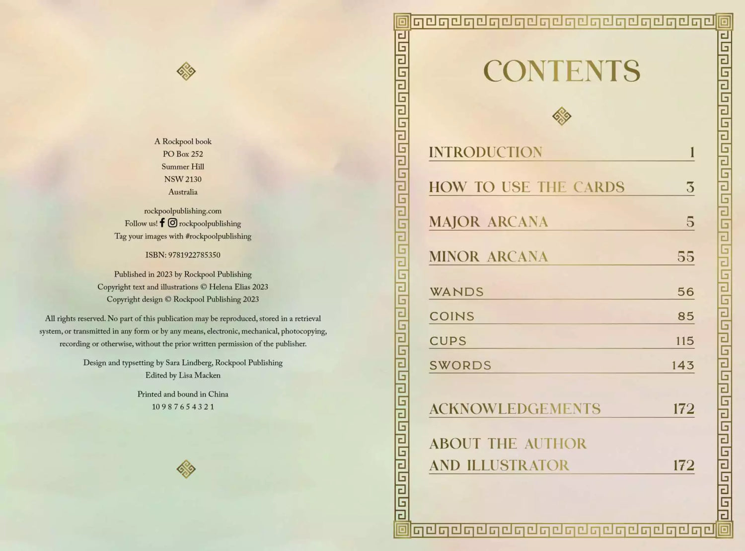 Mythos Tarot guidebook table of contents page listing Introduction, How to Use the Cards, and themed sections on a soft pastel background.
