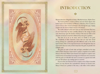Mythos Tarot guidebook decorative illustration page featuring two winged figures holding a scroll with an ornate border and introduction text.