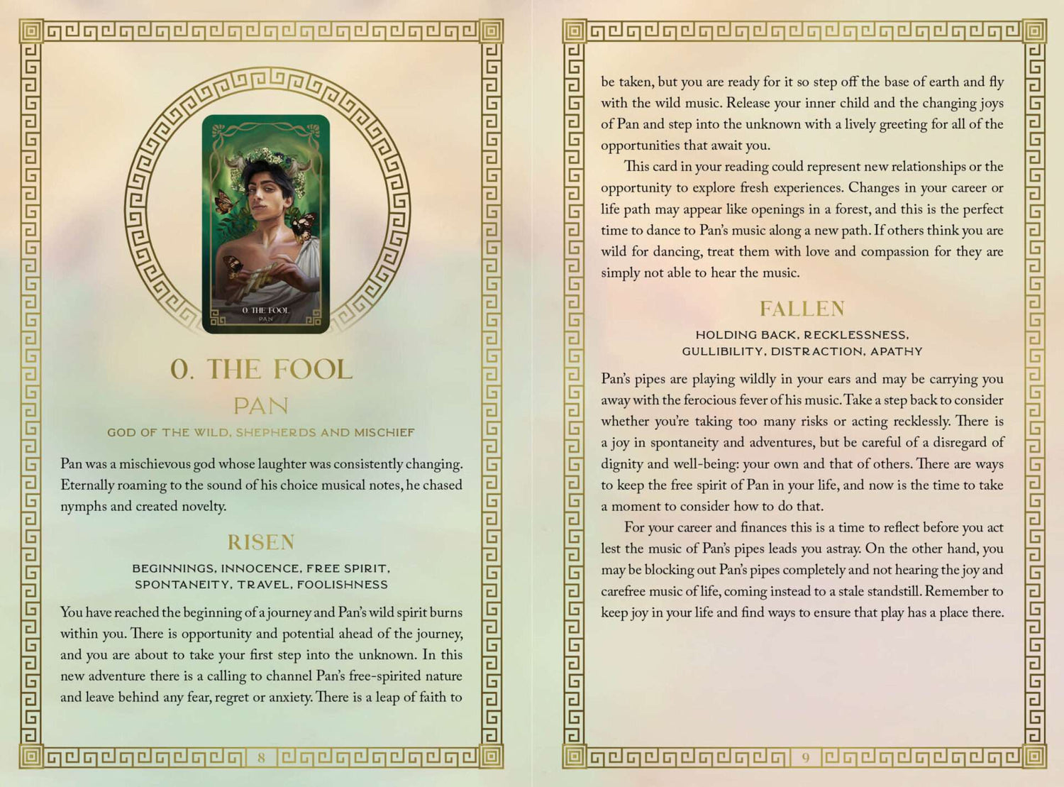 Mythos Tarot O The Fool card featuring a portrait of a woman surrounded by ornate decorative borders and poetic descriptive text.