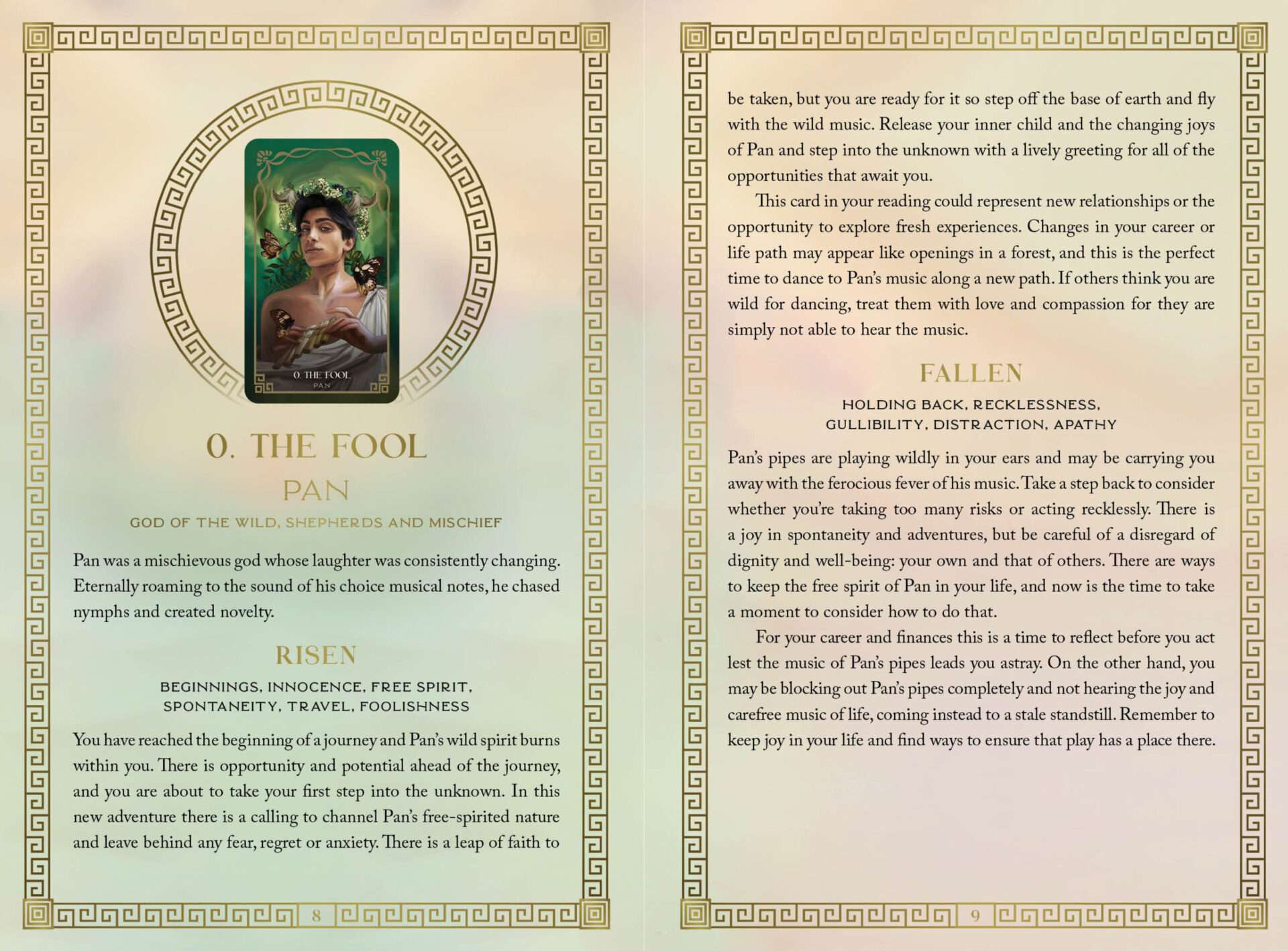 Mythos Tarot O The Fool card featuring a portrait of a woman surrounded by ornate decorative borders and poetic descriptive text.