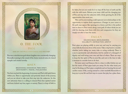 Mythos Tarot O The Fool card featuring a portrait of a woman surrounded by ornate decorative borders and poetic descriptive text.