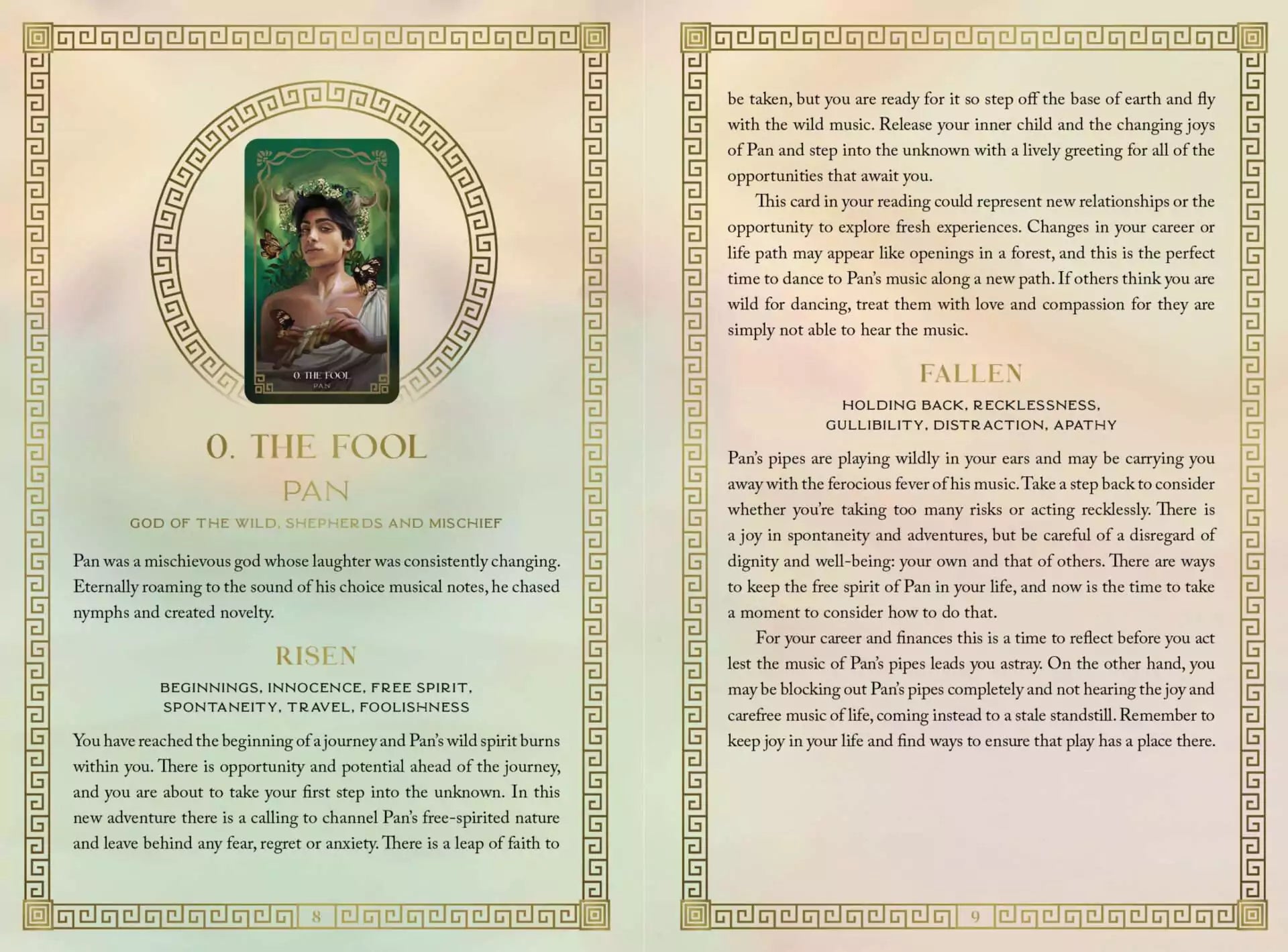 Mythos Tarot O The Fool card featuring a portrait of a woman surrounded by ornate decorative borders and poetic descriptive text.