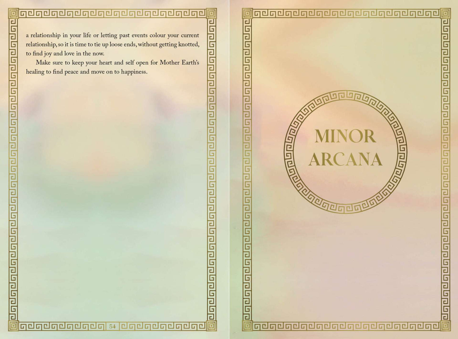 Mythos Tarot guidebook spread showing Minor Arcana header page with decorative border and instructional text on soft pastel background.