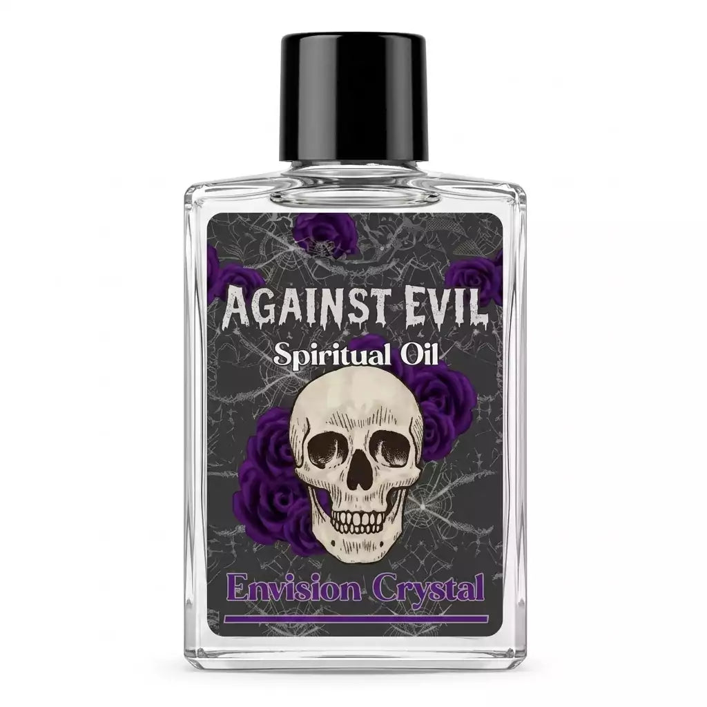 Small square 4-dram bottle of Against Evil spiritual oil with skull and purple rose label reading "Envision Crystal."